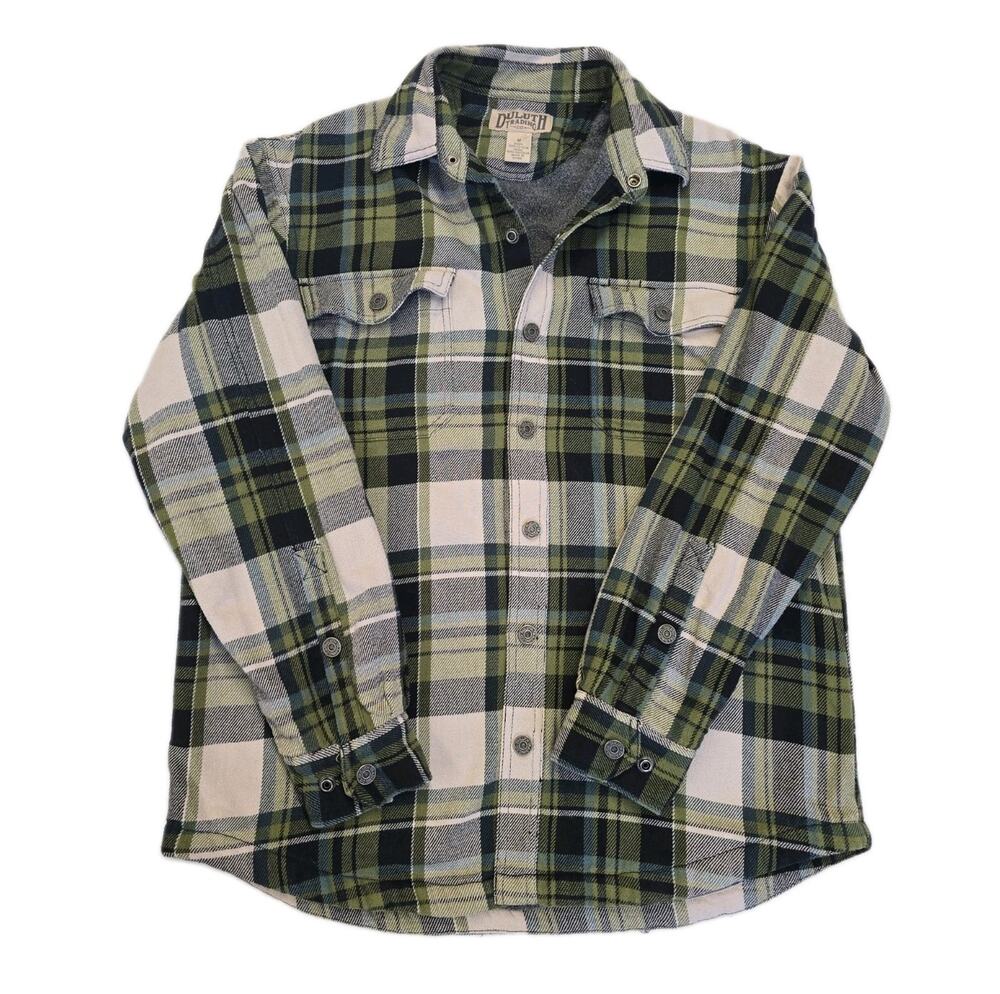 Duluth Trading Co Mens M Flapjack Flannel Snap Shirt Jacket Fleece Green Plaid